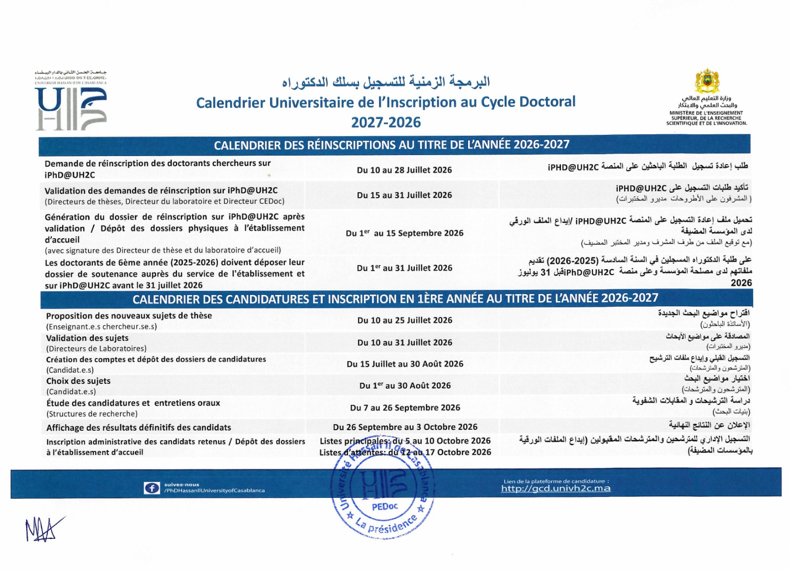 Calendrier universitaire de l’inscription au Cycle de Doctorat